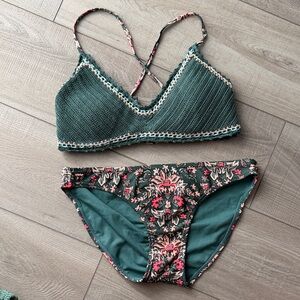 Knit Floral Bikini- Green, Pink- Womens L
